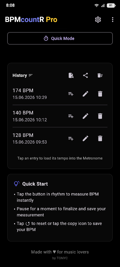 A history list of saved measurements at 174, 140 and 128 BPM with their dates, each with rename and delete controls.