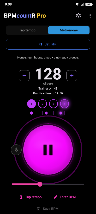 The metronome playing at 128 BPM in 4/4, with the third beat lit and controls for subdivision and count-in.