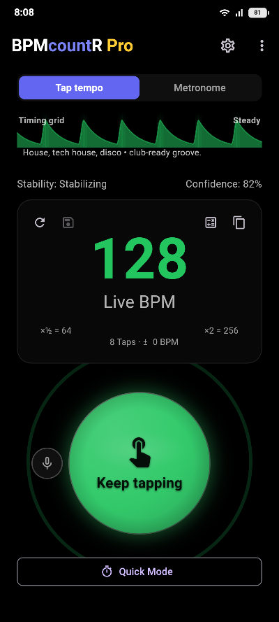 The tap tempo screen reading 128 live BPM, with a timing grid above it and a green tap pad below.